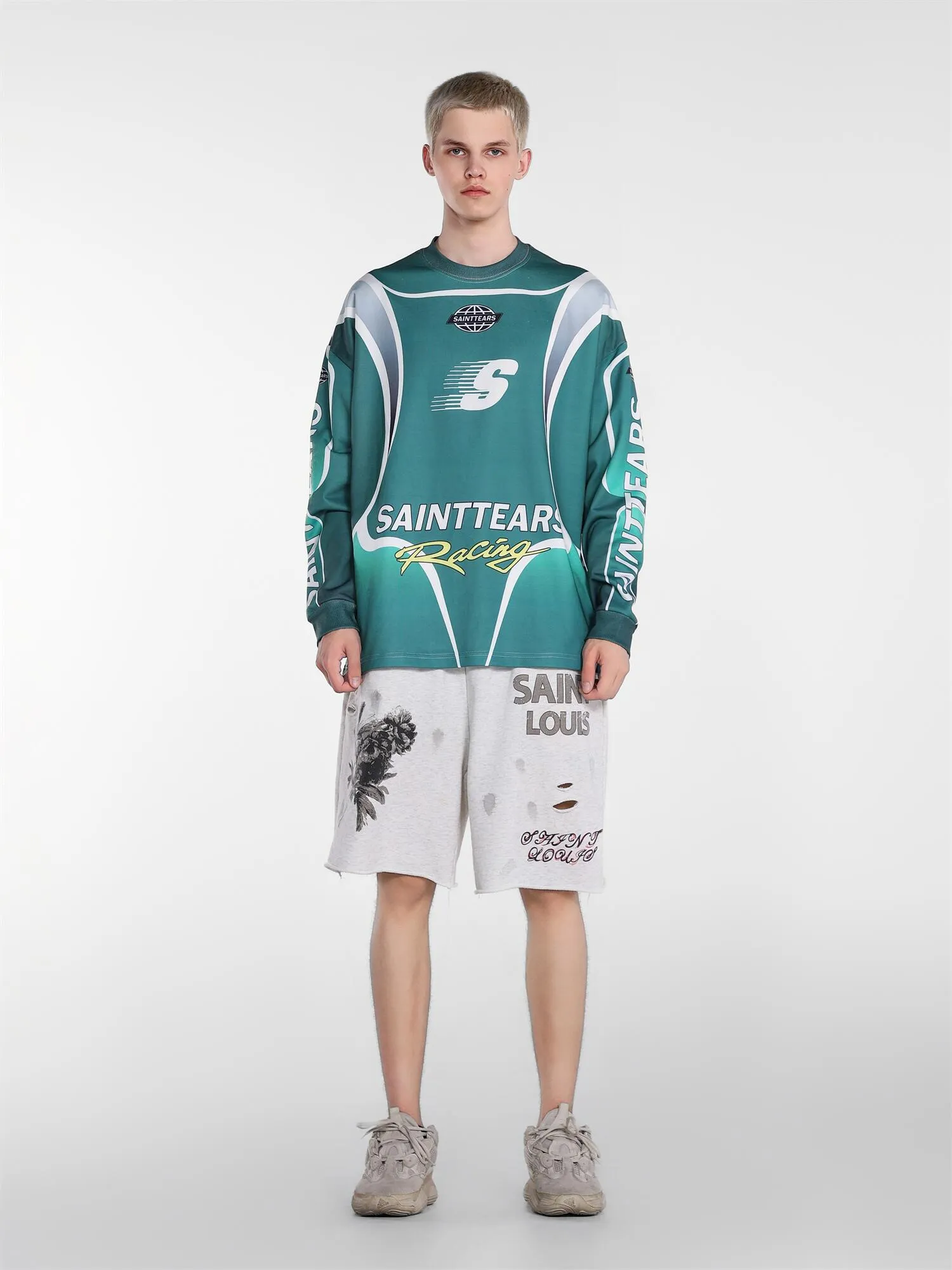 Saint michael tears all-over printed long-sleeved vintage autumn and winter T-shirt Style number: 122 Size: M L XL Wholesale price: 136 Color: blue green